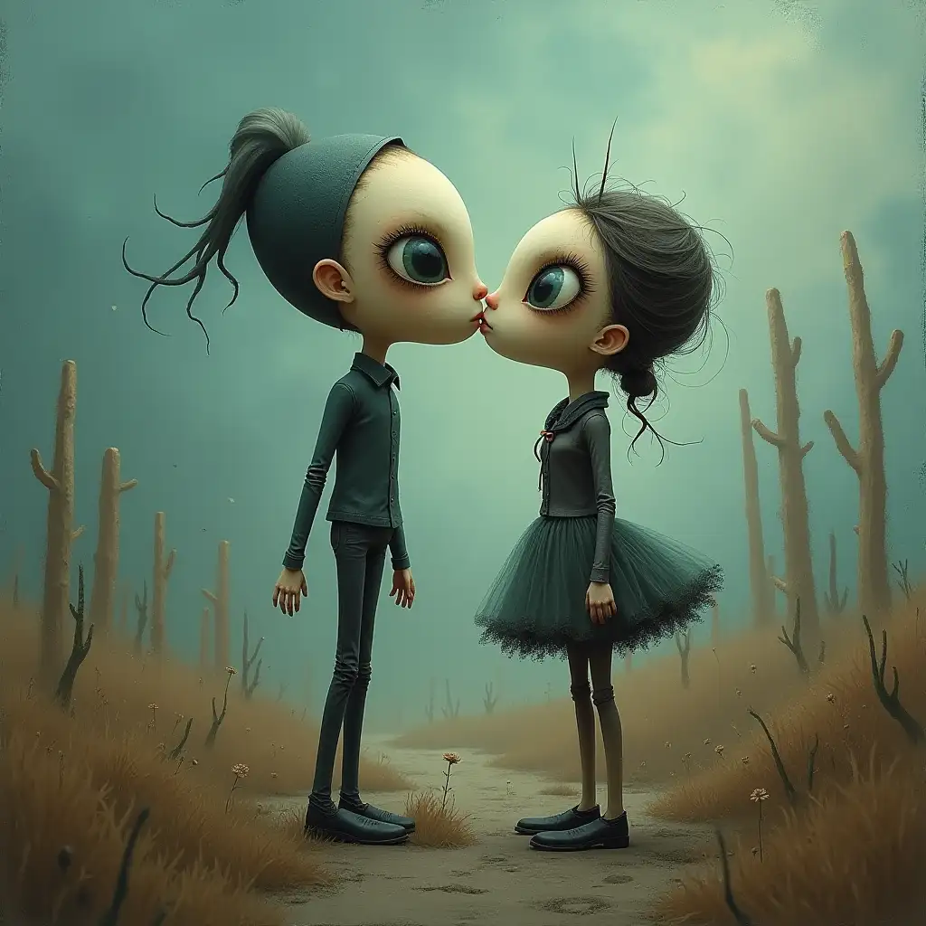 Surreal-Love-in-a-Misty-Desolate-Landscape-with-Bobblehead-Figures