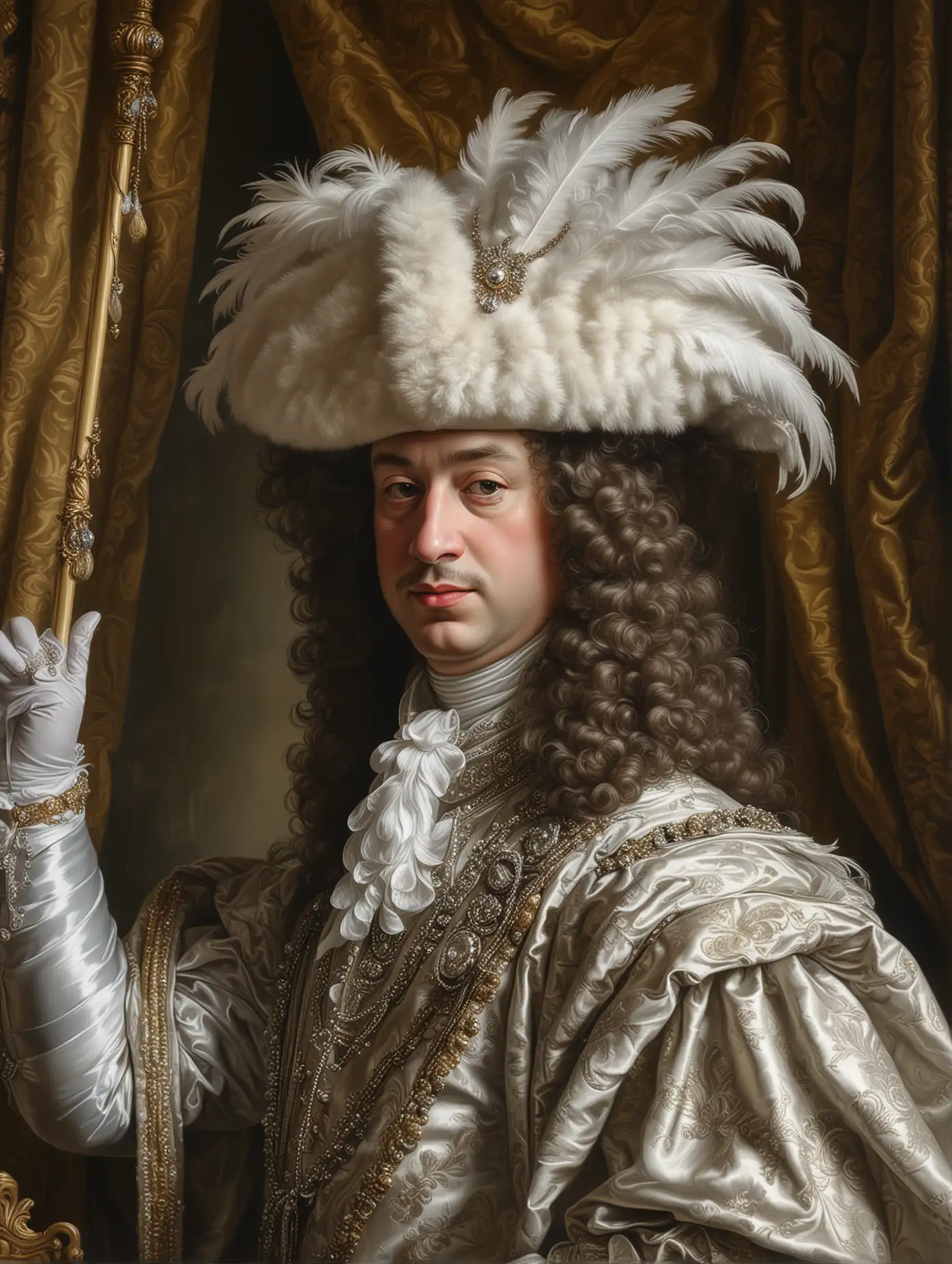 Chamber-Portrait-of-Louis-XIV-in-White-and-Silver-Clothes-with-Feathered-Hat-and-Cane