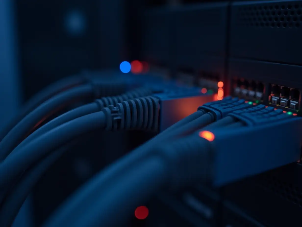 Closeup-of-Active-Data-Transfer-in-Server-Room-with-Network-Cables