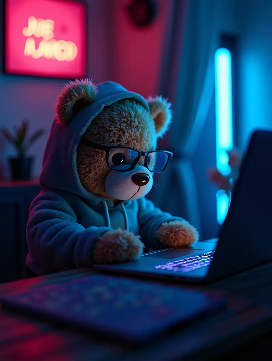 cyberpunk room with low light and neon bloom. the center of attention is a cute teddy-bear with glasses wearing a hoodie and hacking on a laptop.