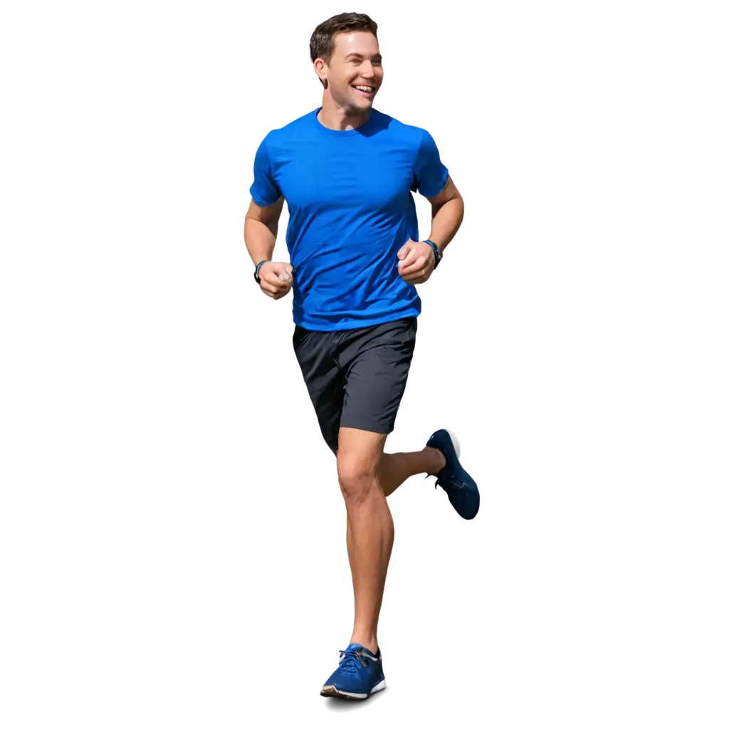 PNG-Image-of-a-Man-Running-in-a-Blue-Gym-Shirt-with-Earbuds-and-Half-Pants-Smiling