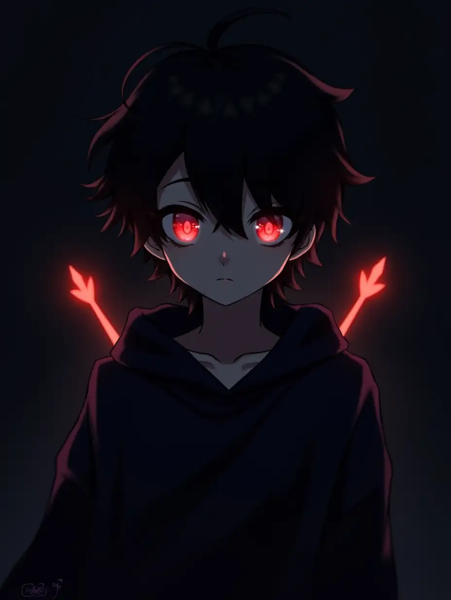 Create an anime-style illustration of a young boy with short, messy black hair and glowing red eyes. The character has a serious expression and is illuminated by a faint, eerie glow in a dark background. He wears a dark, hooded cloak with subtle texture, giving a mysterious vibe. There are glowing red arrow tips on his back, hinting at a weapon or magical ability. The art style should emphasize soft lighting, sharp features, and a fantasy atmosphere.