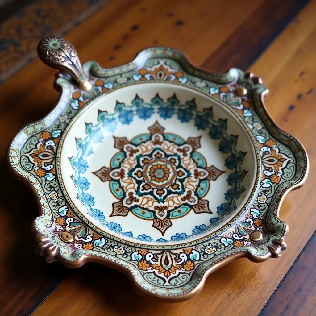 Square with rounded corners ceramic serving dish with embossed beautiful handle, fine art, antique and old, Qajar art, Iranian Tabriz carpet design