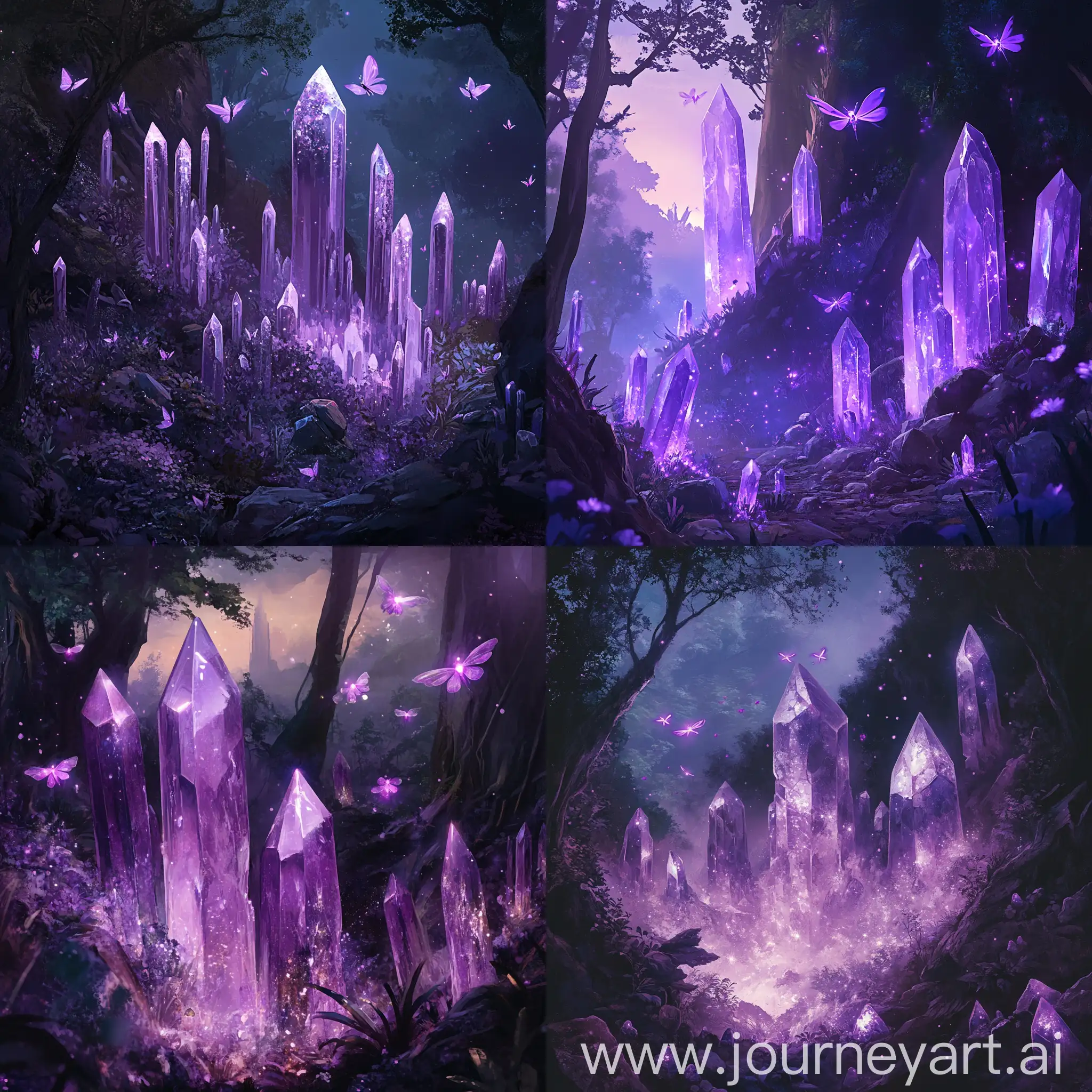 Enchanting-Forest-of-Purple-Crystals-with-Glowing-Fireflies