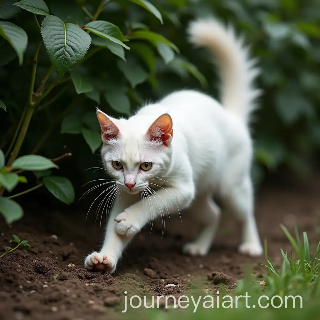 White-Cat-Leaping-Into-a-Bush-Tail-High-Digging-with-Paws