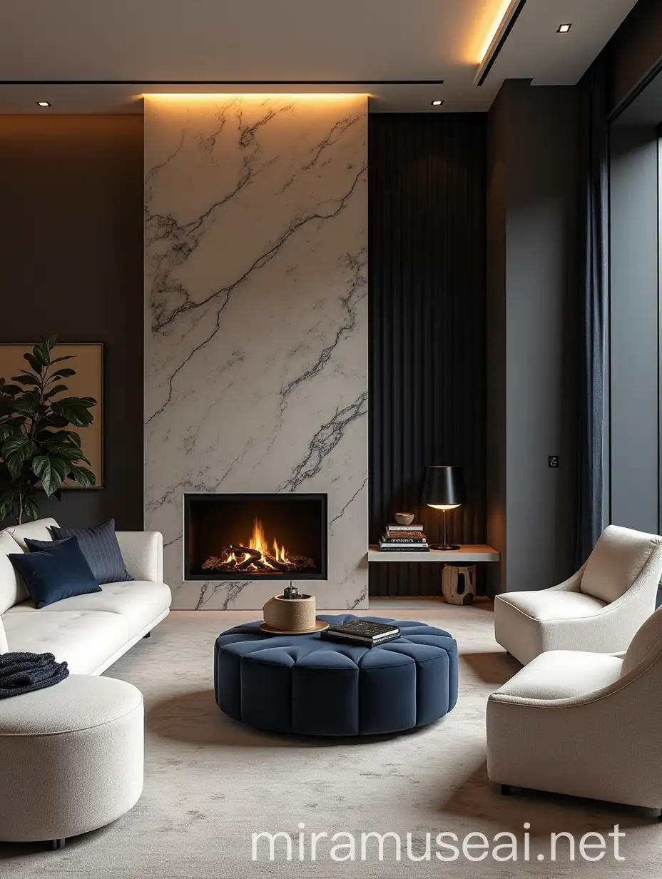 Luxury Spacious Living Room with Marble Wall and Navy Accents