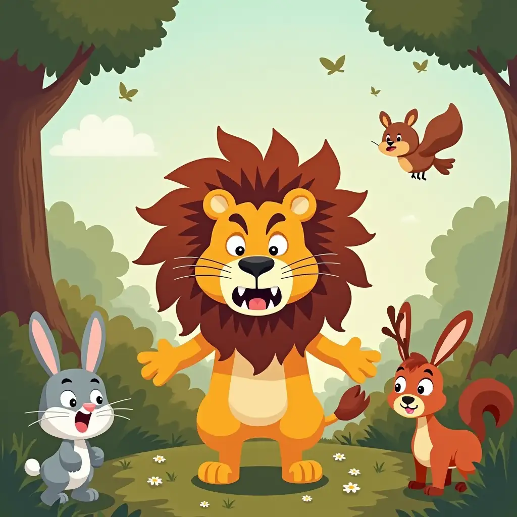 graphic image of lion scaring all animals, make it kid friendly, make the angry scary. There is only one lion. Other animals are rabbit, deer, squirrel, birds