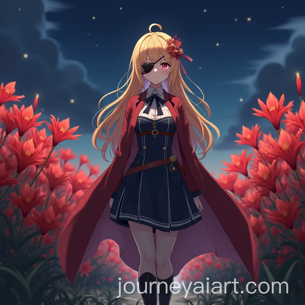 Anime-Woman-with-Blonde-Hair-and-Eye-Patch-in-Kingdom-Style-Uniform-Among-Red-Spider-Lily-Flowers-at-Night