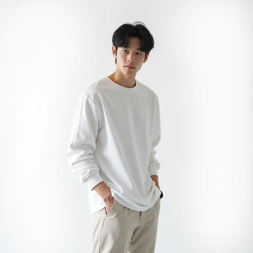 Background is white with a young Korean male model in his 20s, showing from head to toe