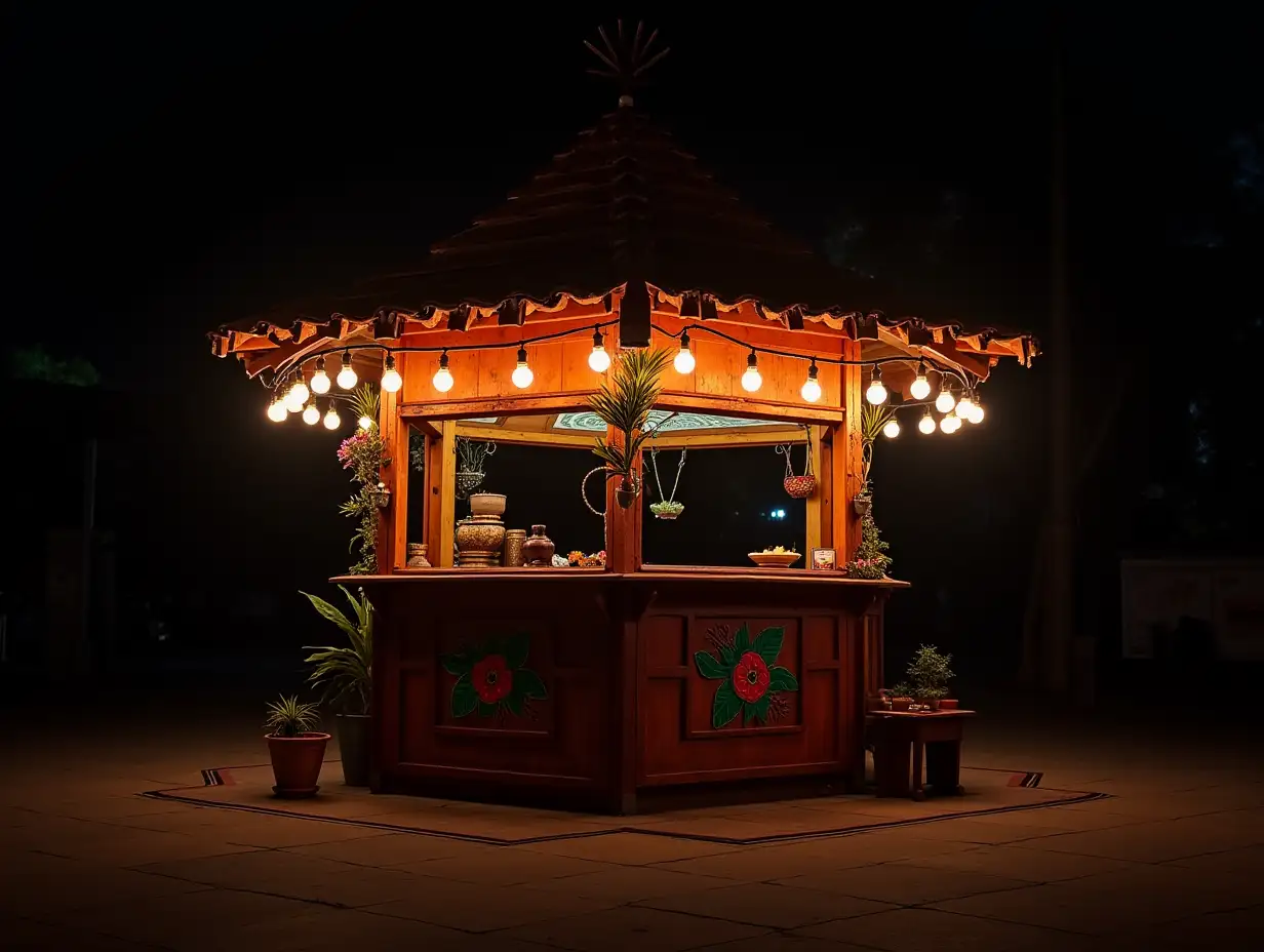 Vibrant-Mexican-Kiosk-Adorned-with-Colorful-Decorations-at-Night
