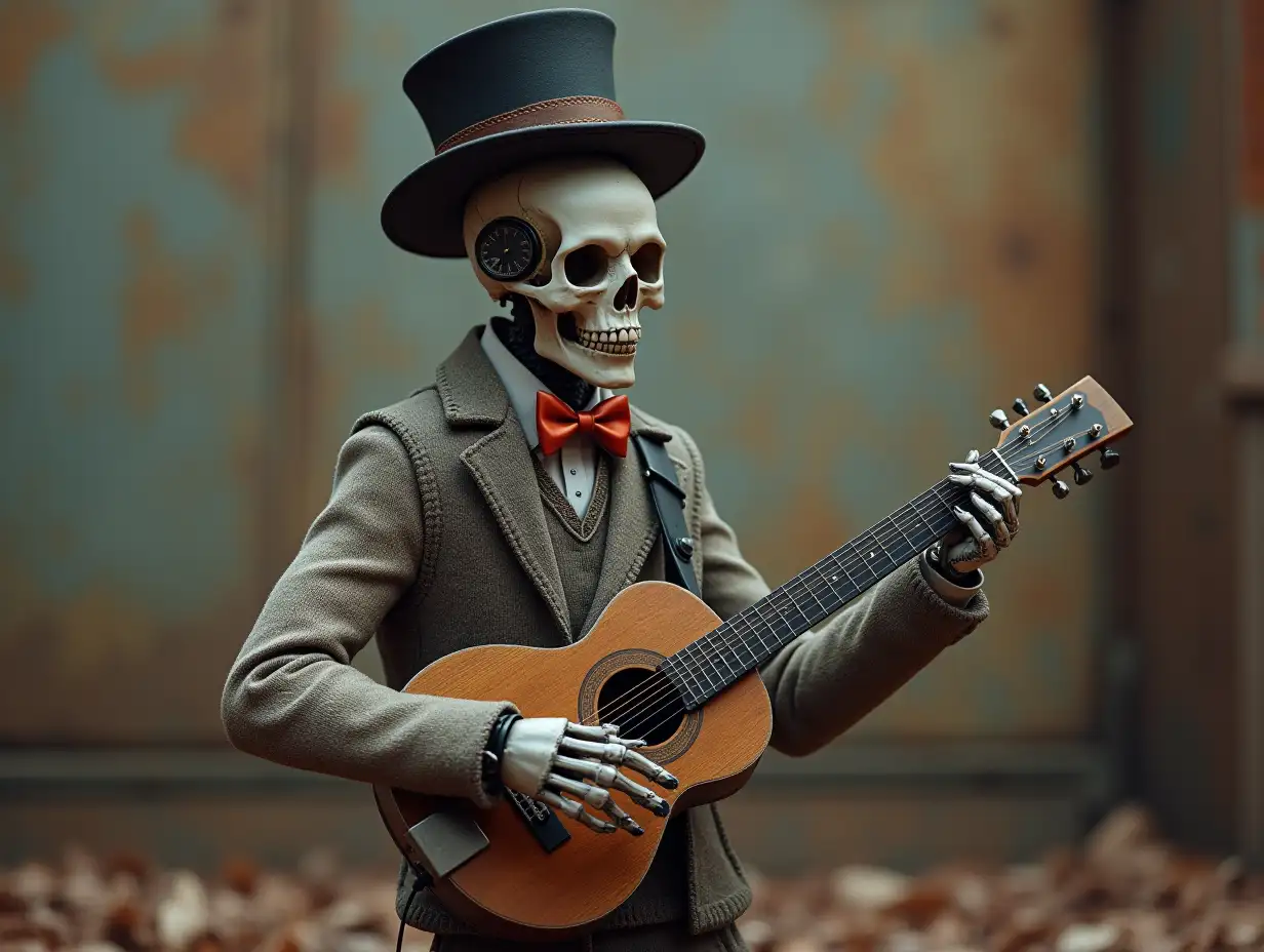 Create a high-resolution, realistic image of a robot standing with a skeletal body, porcelain hands and head, a sweater, a Steampunk top hat and a guitar in 4K resolution (Steampunk 8K quality)