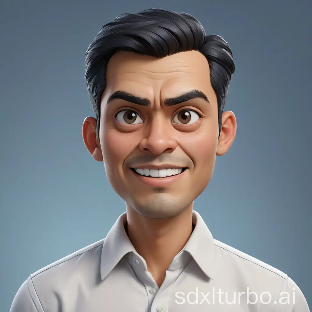 Create a 3D caricature cartoon art style full body with a big head. A 30 year old Indonesian man. Tall, slightly thin body, oval face shape. Oval chin, handsome, slightly round eyes, clean white skin, faint smile. Black hair with a side part. Wearing a white shirt. Body position is clearly visible. Blue gradient background, UHD 64k, high quality image, soft photography