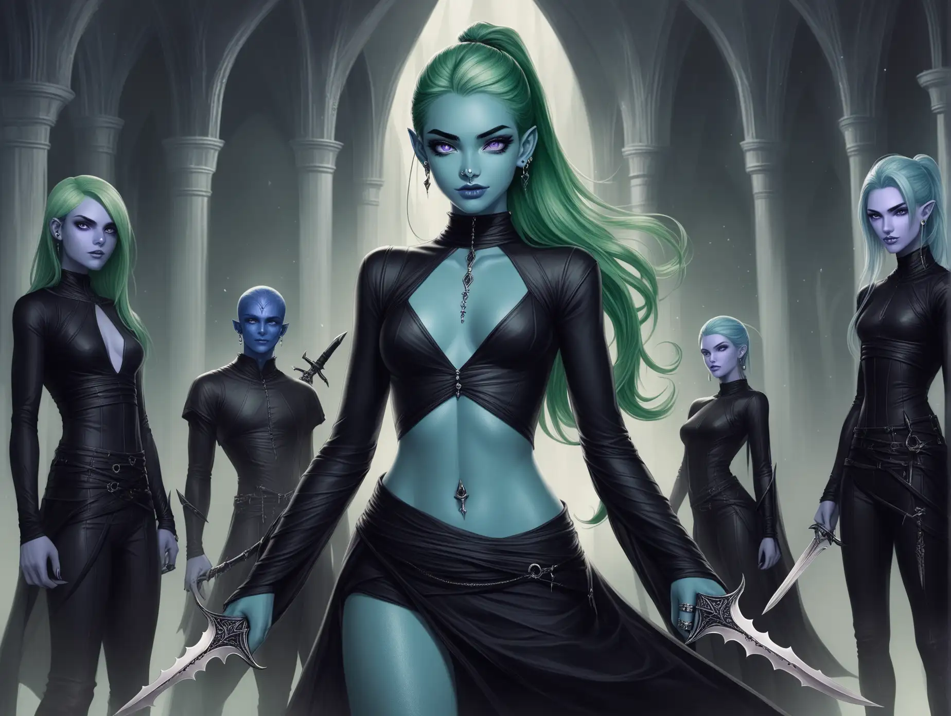 Fantasy-Assassin-with-Blue-Skin-and-Green-Hair-in-Dark-Attire