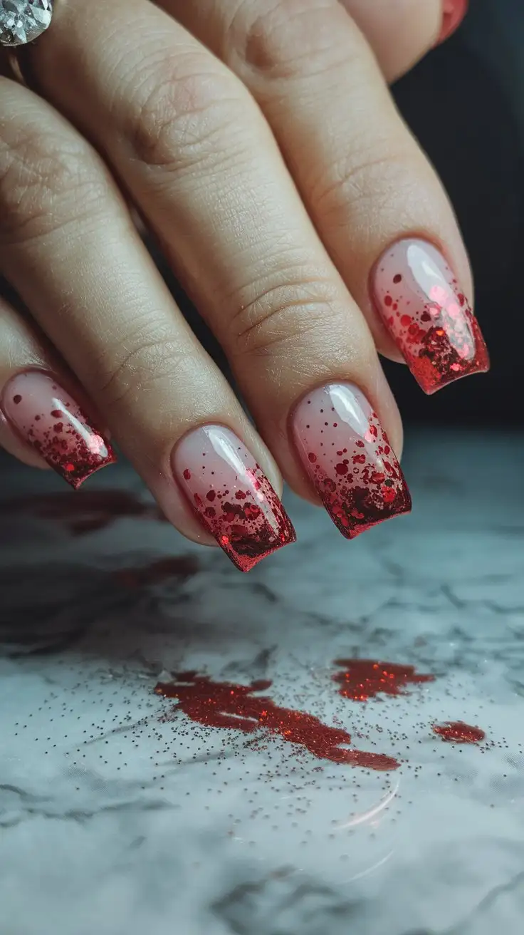 Red-Glitter-Gradient-Nails-with-Diamond-Ring-and-Glitter-on-Marble-Surface