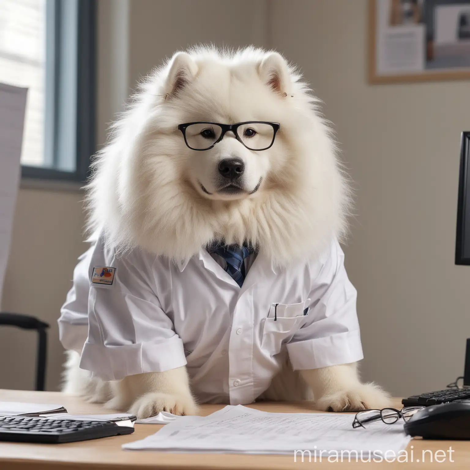 Office Burnout Samoyed Dog in Work Attire and Glasses