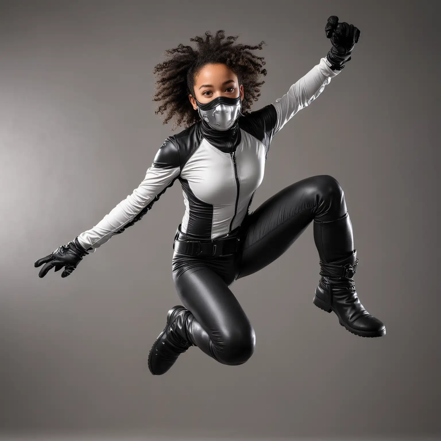 Biracial Teenage Girl in Catsuit Flying Through the Air