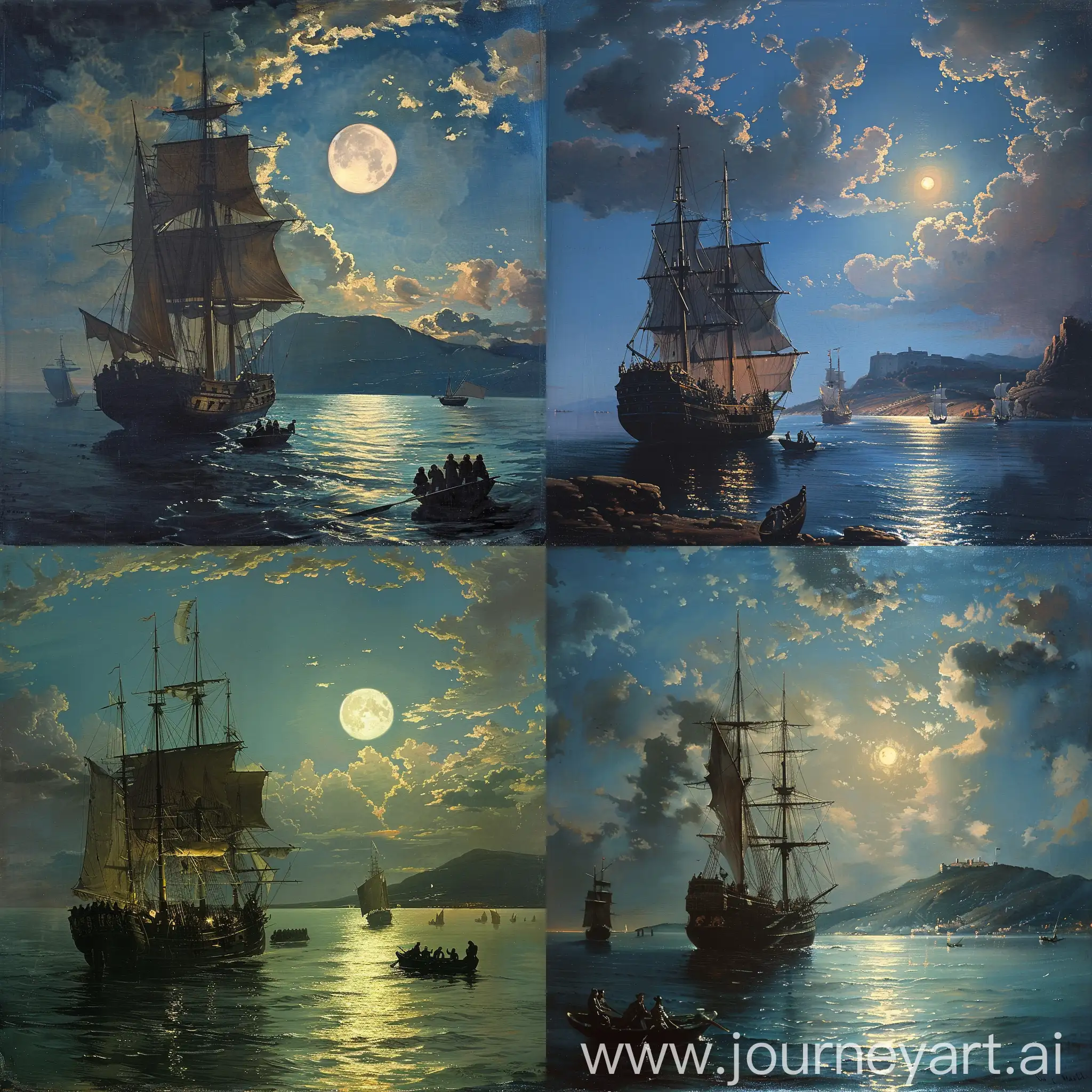 Moonlit-Ship-Arriving-at-Island-Port-Scene