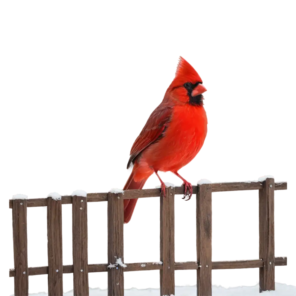 a bright red cardinal on a fence with snow in the background