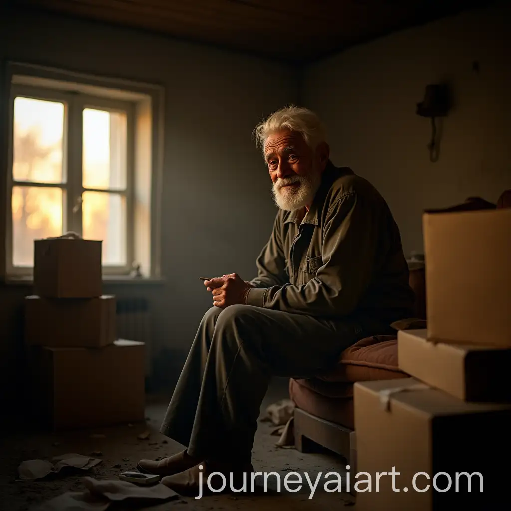 Elderly-Man-in-Dusty-Abandoned-Room-with-Sunset-Light