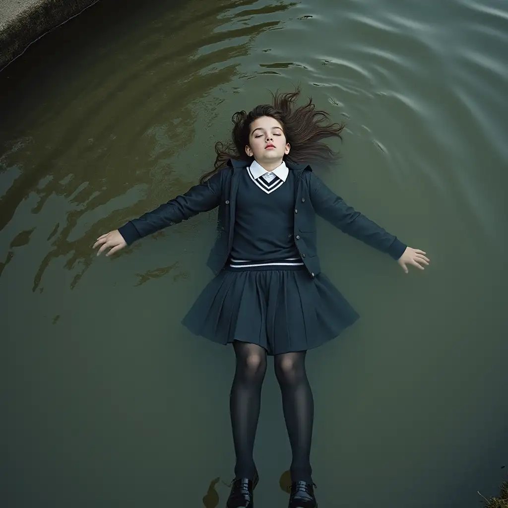 A young schoolgirl in a school uniform, in a skirt, jacket, blouse, dark tights, high-heeled shoes. She is swimming in a dirty pond, lying underwater, all her clothes are completely wet, wet clothes stick to her body, the whole body is underwater, submerged in water, under the surface of the water, below the water's edge.