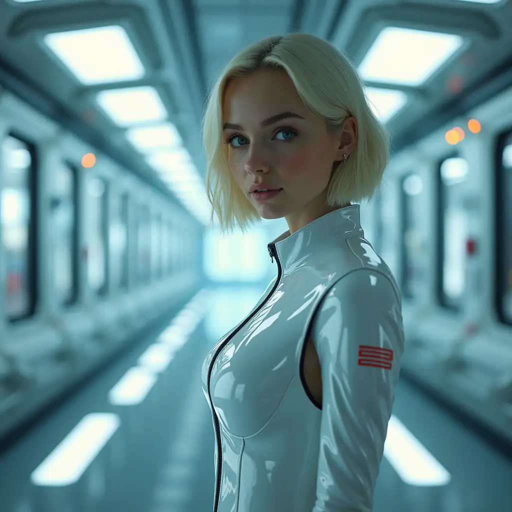 horor light, (RAW photo), extremely detailed, beautiful young woman, (((cool beauty))), white futuristic outfit, short blond hair,  in spaceship command center (Photorealistic :1.4), masterpiece, The best of qualities