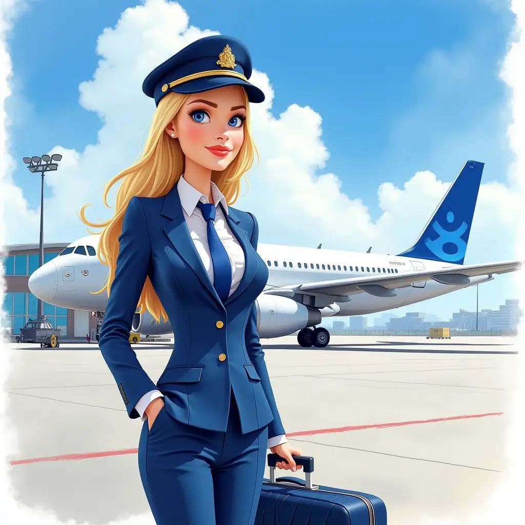 Beautiful Blonde Airline Pilot with Suitcase at Airport Courtyard