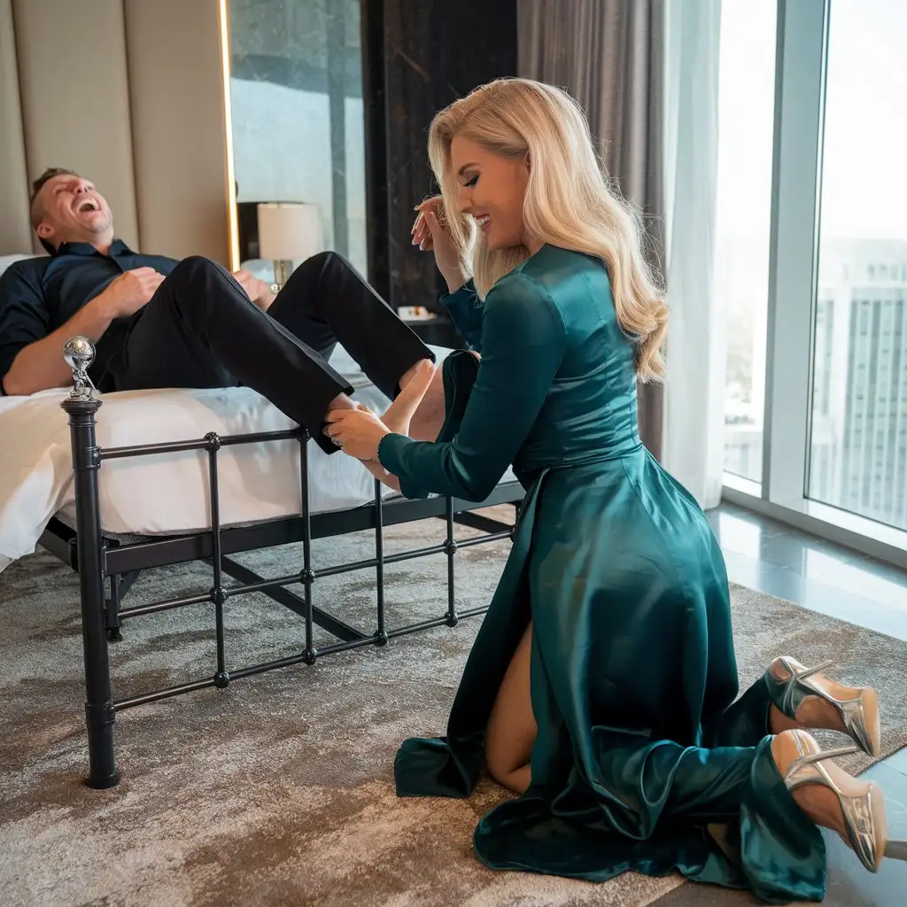 Luxury-Hotel-Room-with-Woman-Stroking-Husbands-Feet-in-Satin-Gown