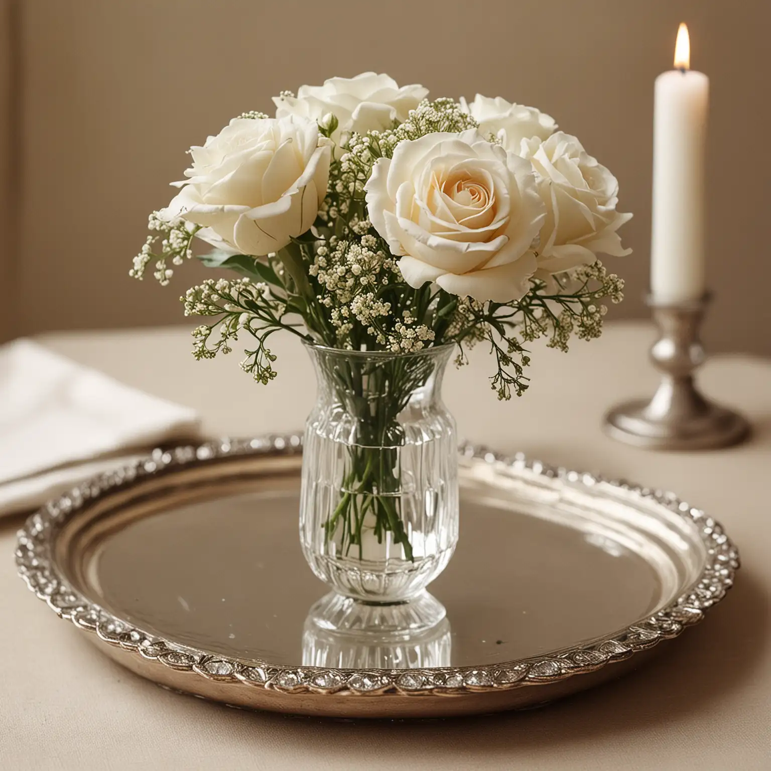 vintage centerpiece with a small antique tray holding an antique crystal bud vase with one singular ivory rose accented with baby's breath; keep background neutral;