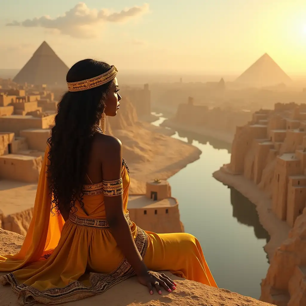 a young princess from the Kush kingdom, sitting a her palace and overlooking her kingdom. Kush was a kingdom near the banks of the nile river