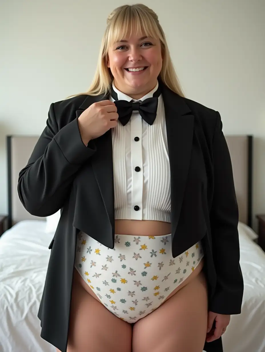 Caucasian-Woman-in-Formal-Orchestra-Tuxedo-in-White-Bedroom