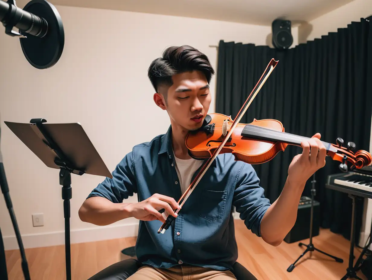 Asian Instagram Model Man Playing Violin in Home Recording Studio