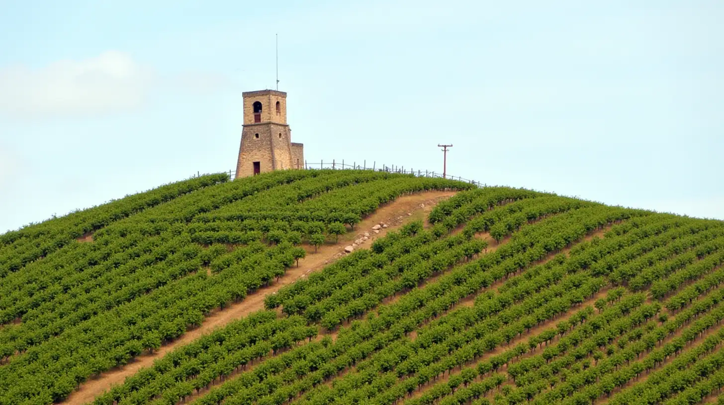 Vineyard Landscape with Stone Tower on Hilly Terrain