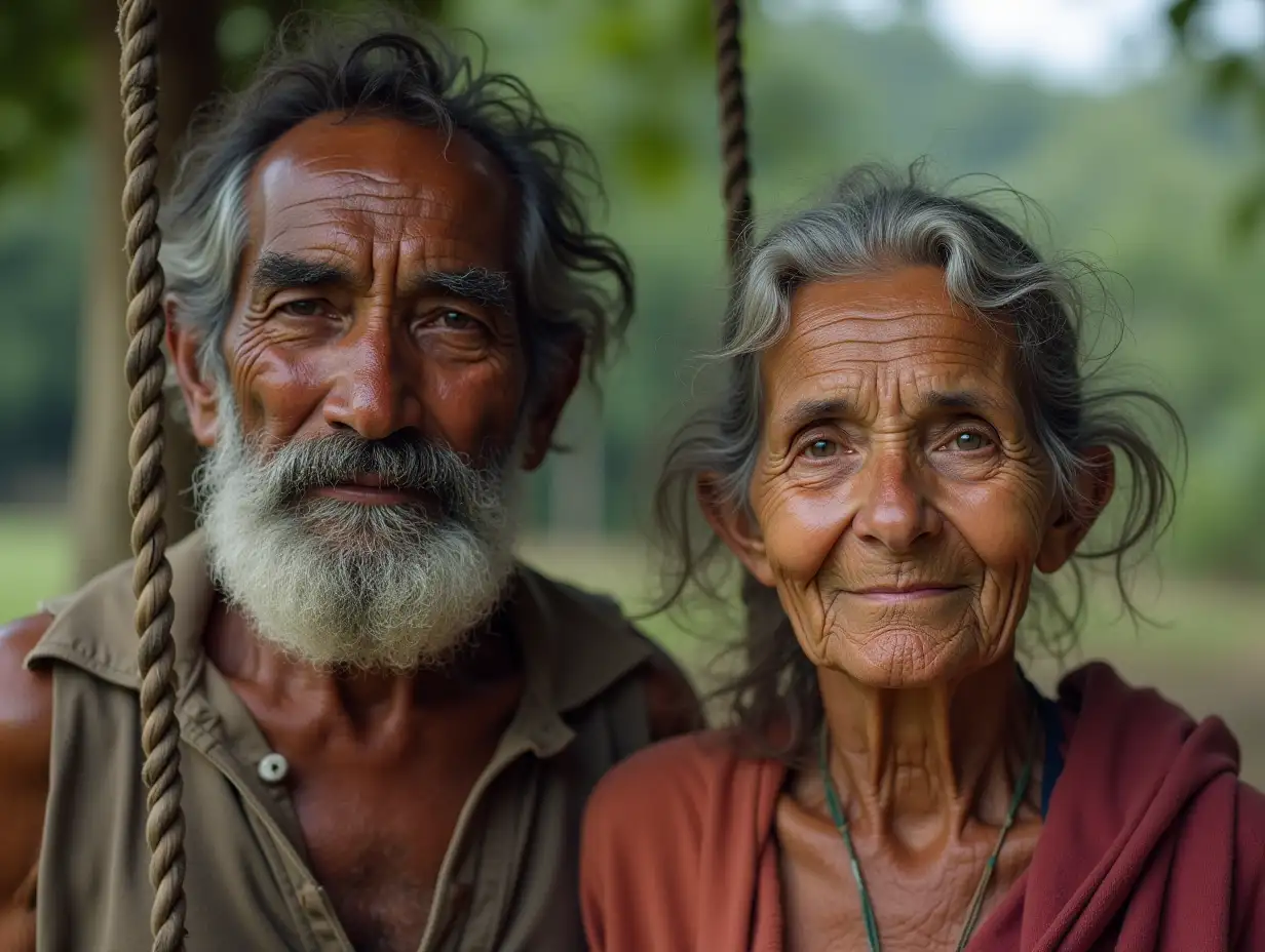 A elderly Indian man and an old Brazilian woman, completely poor clothing, shabby and sweating on the face. A swing in the background.