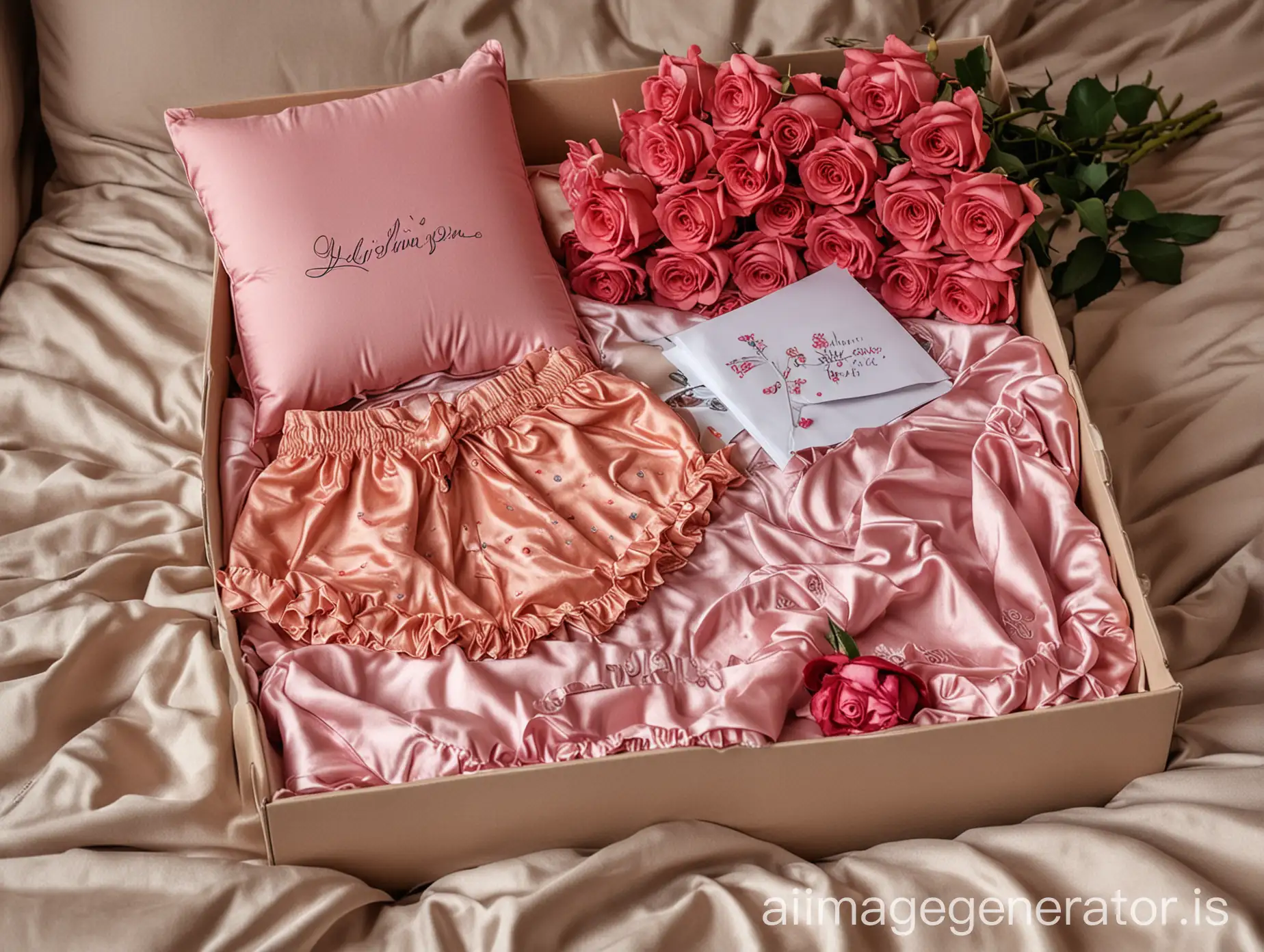 Luxurious-Womans-Birthday-Surprise-Colorful-Underclothes-Rose-and-Letter-on-Bed