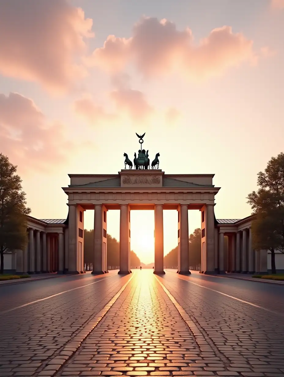 Photorealistic image of the Brandenburg Gate in Berlin at sunrise, seen from 150–200 meters away. The gate is fully visible and centered, no people or cars, empty cobblestone square. Soft pastel sky (pink, peach, gold). The Quadriga statue on top is highly detailed — visible hooves, harnesses, folds, faces. Warm sunlight with realistic shadows and textures. Trees and historic buildings on both sides, peaceful early morning atmosphere.
