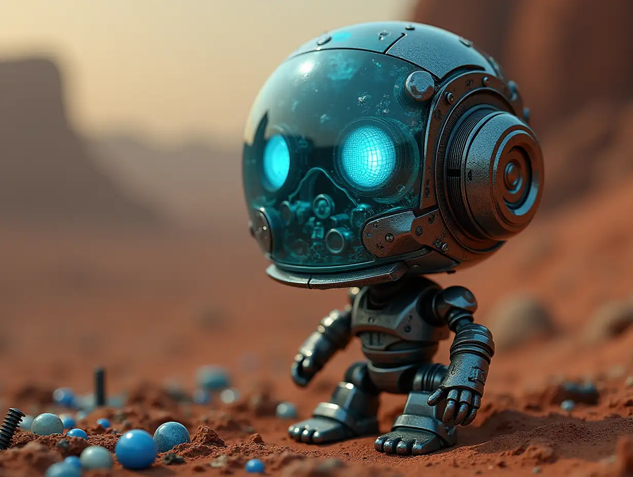 Create a high-resolution, realistic image of the artificial intelligence Robert, three meters tall, with eyes, arms and legs,  with gears on the cheeks and glass head with visible glowing sapphire brain, screws with many glass marbles on the floor, Mars 4k resolution