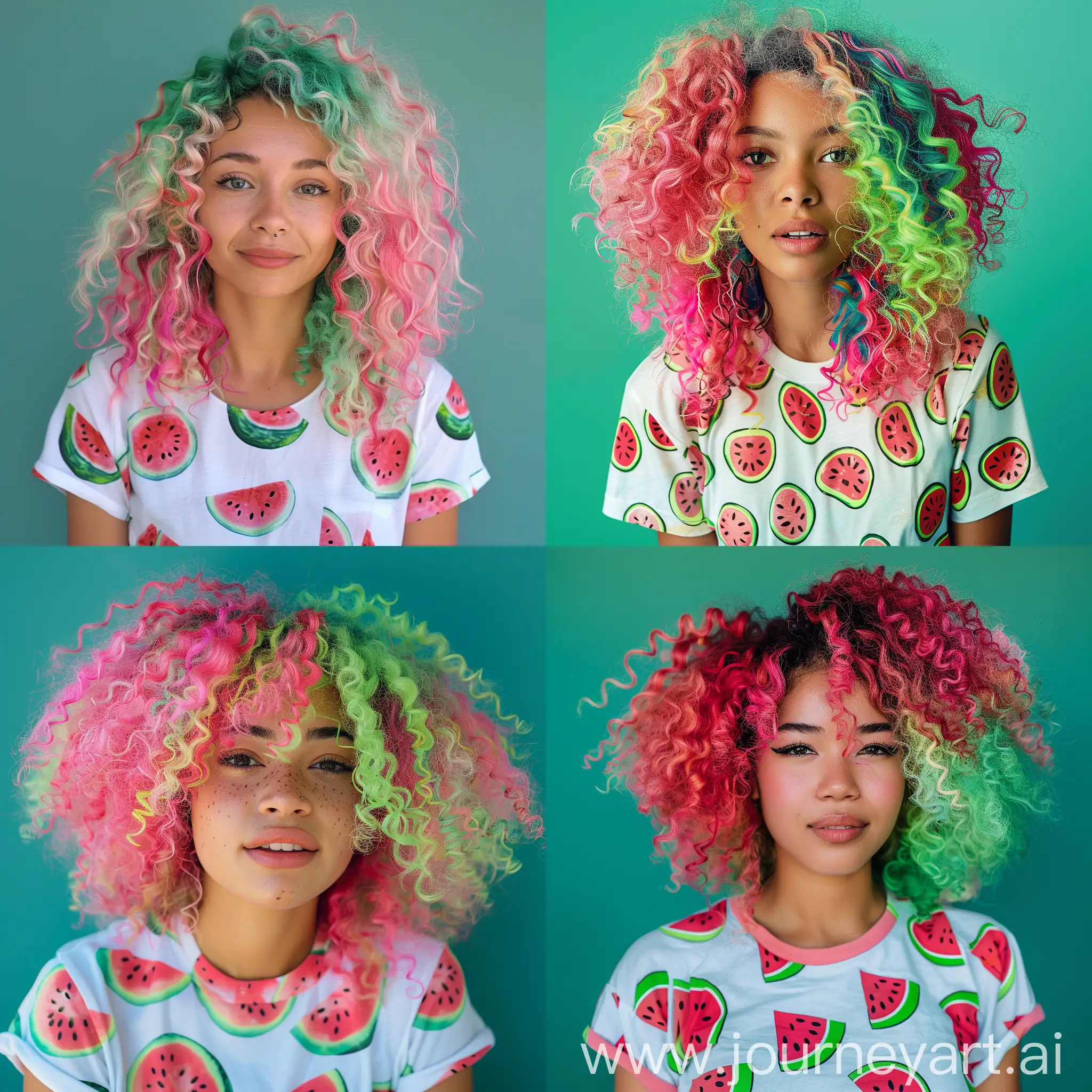 Cheerful-Summer-Portrait-of-a-Woman-with-Vibrant-Curly-Hair-and-Watermelon-Print-TShirt