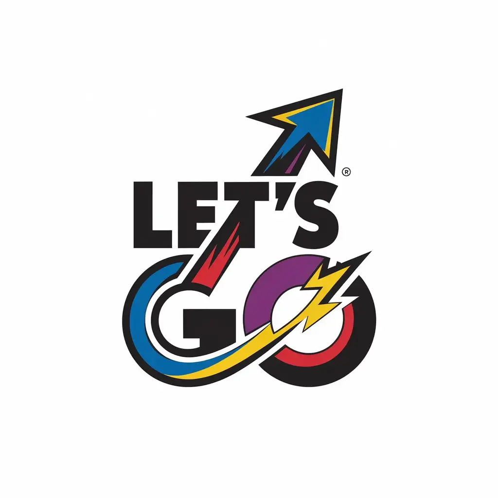 LOGO Design for Lets Go Arrow Ascending with Energy Charge Colors in Blue Yellow Red Purple Black and Gold