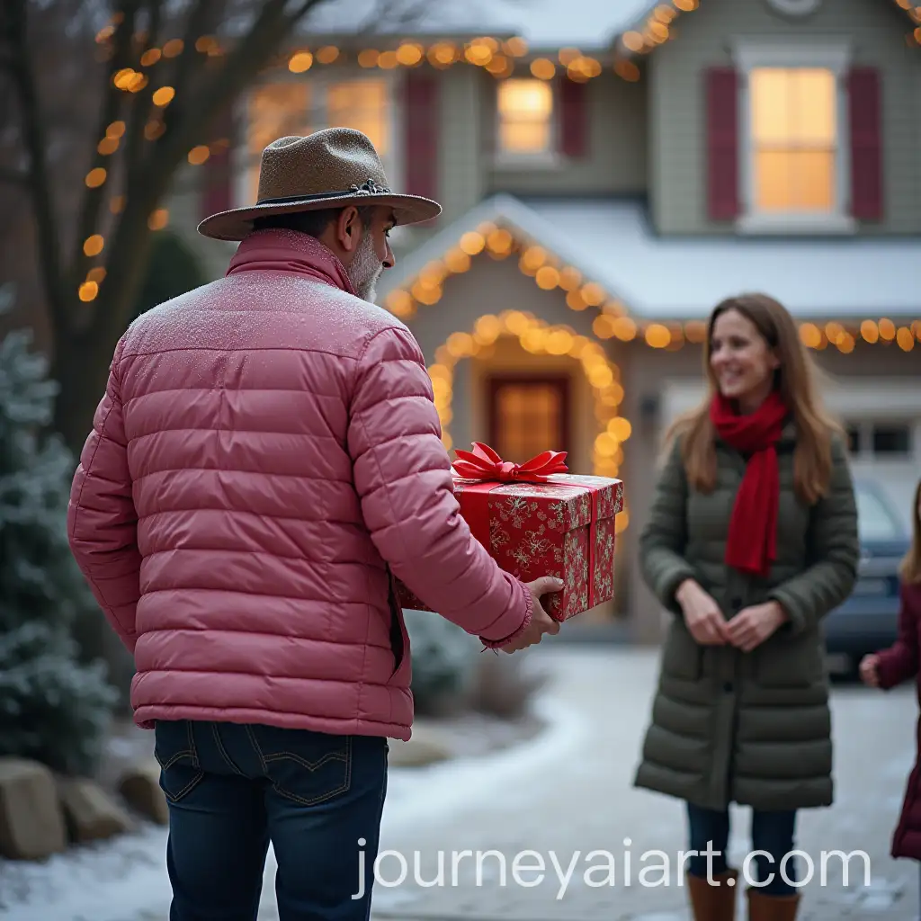 Man-in-Pink-Jacket-Delivering-Gift-to-Woman-and-Child-Near-Festively-Decorated-House