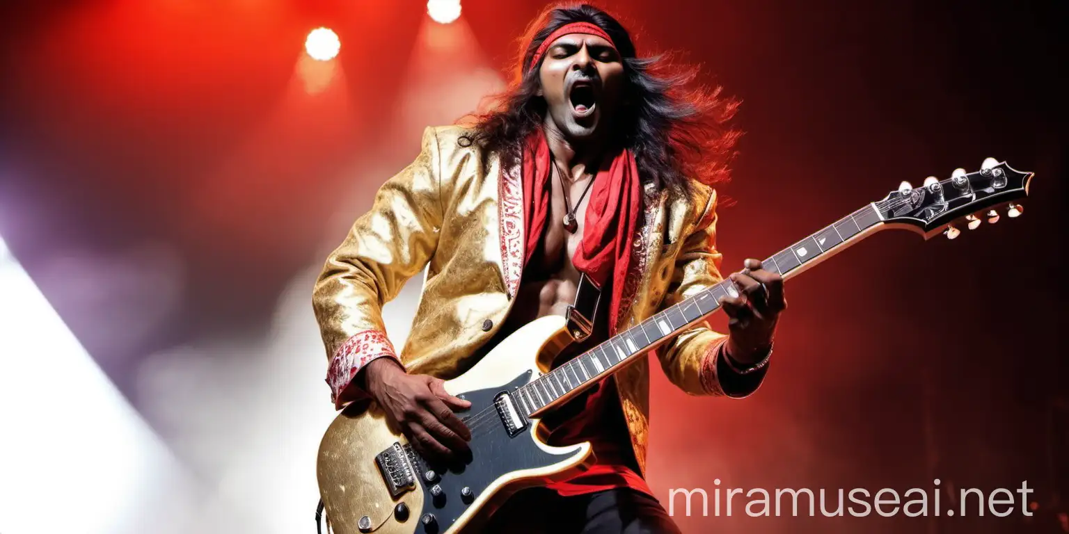 Indian Muscular Guitarist Performing on Stage with Electric Guitar and Red Bandana