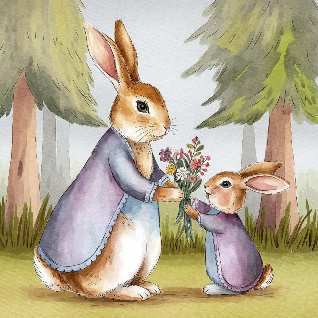 Mom-Rabbit-in-Apron-Receiving-Flower-Bouquet-from-Bunny-Watercolor-Style