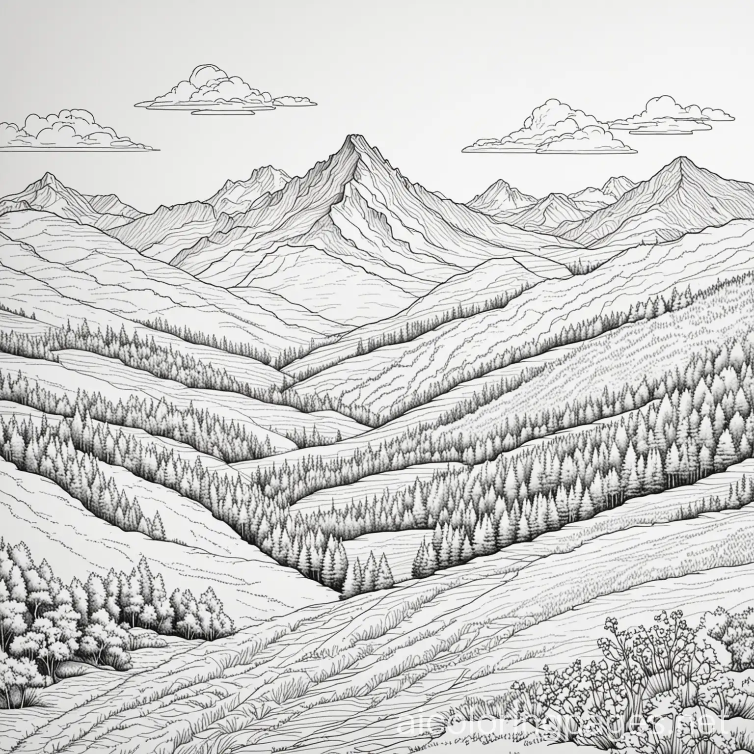 landscape with a mountain, rolling hills, Coloring Page, black and white, line art, white background,, Coloring Page, black and white, line art, white background, Simplicity, Ample White Space. The background of the coloring page is plain white to make it easy for young children to color within the lines. The outlines of all the subjects are easy to distinguish, making it simple for kids to color without too much difficulty