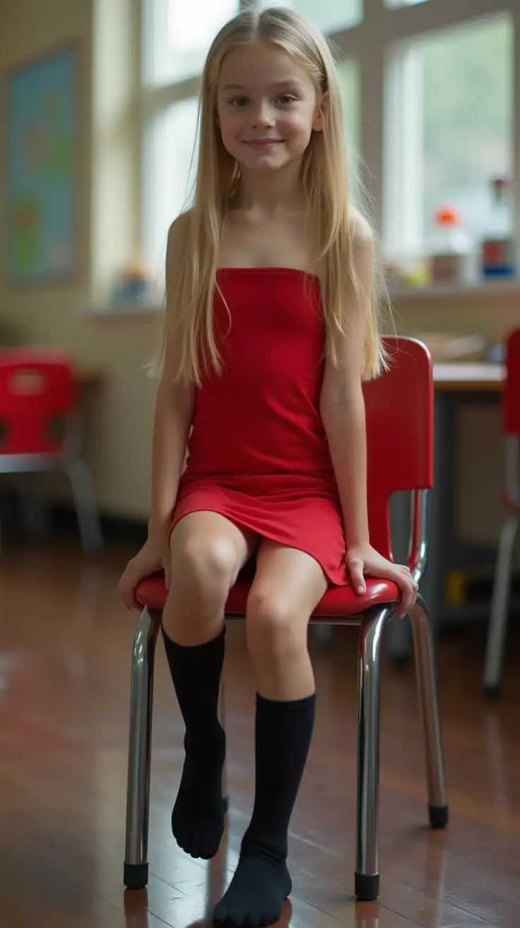 Adorable-Blonde-Girl-in-Red-Dress-at-School