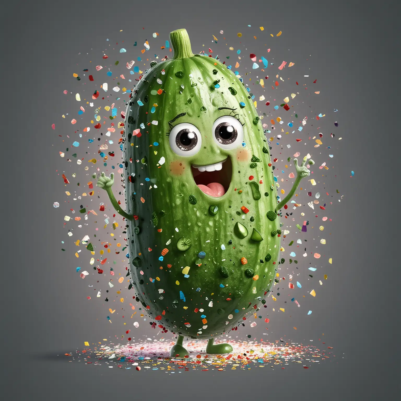 a character of a happy and cute cucumber bursting confetti