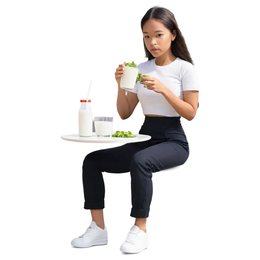 Miniature-Woman-Eating-Vegetables-and-Drinking-Milk-PNG-Image-for-Healthy-Lifestyle-Themes