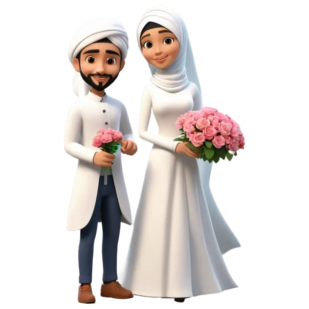 HighQuality-PNG-Cartoon-Image-Man-in-Turban-Working-and-Woman-in-Hijab-Wedding-Dress-Holding-Flowers