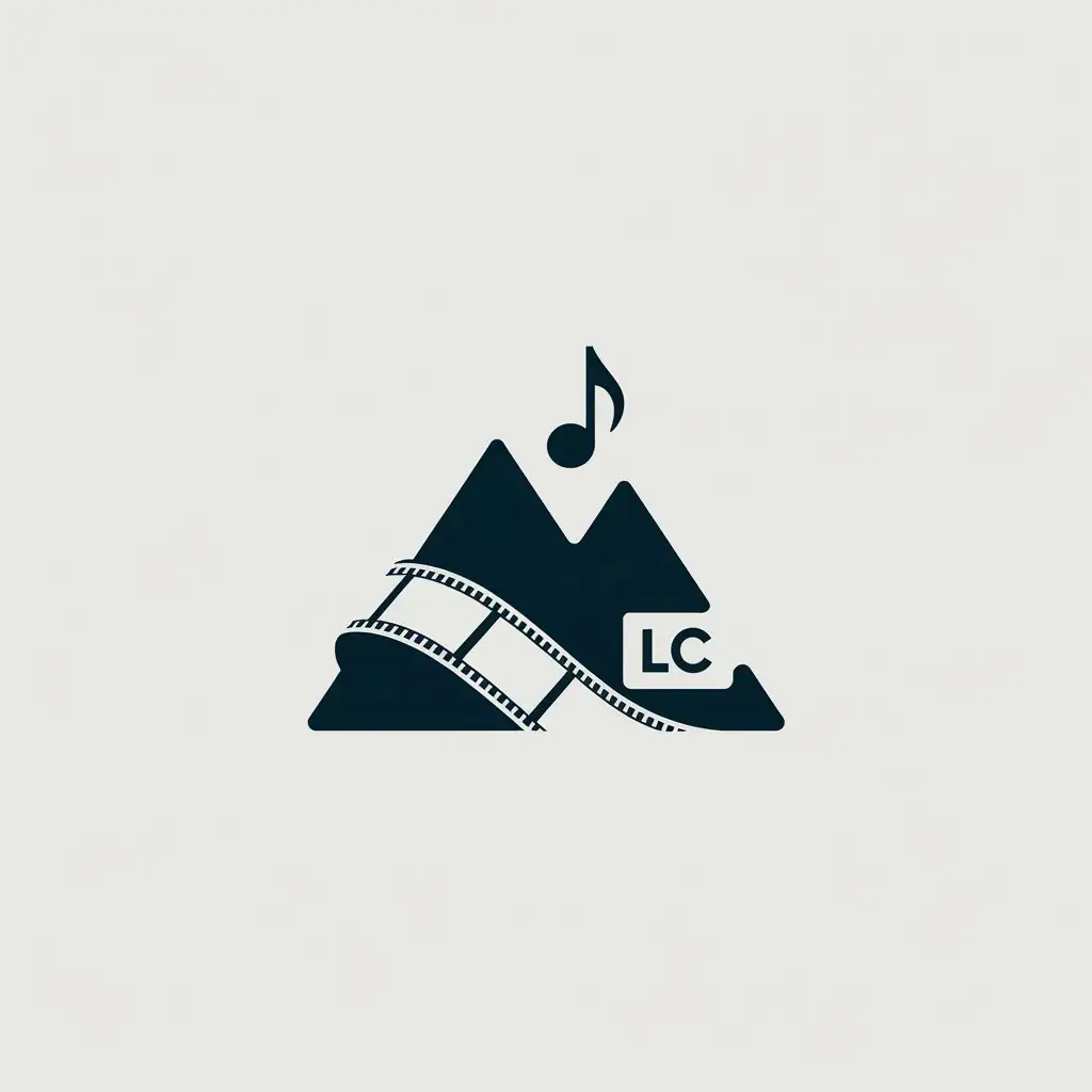 a vector logo design,with the text "LC", main symbol:mountain film music note,Minimalistic,be used in Technology industry,clear background