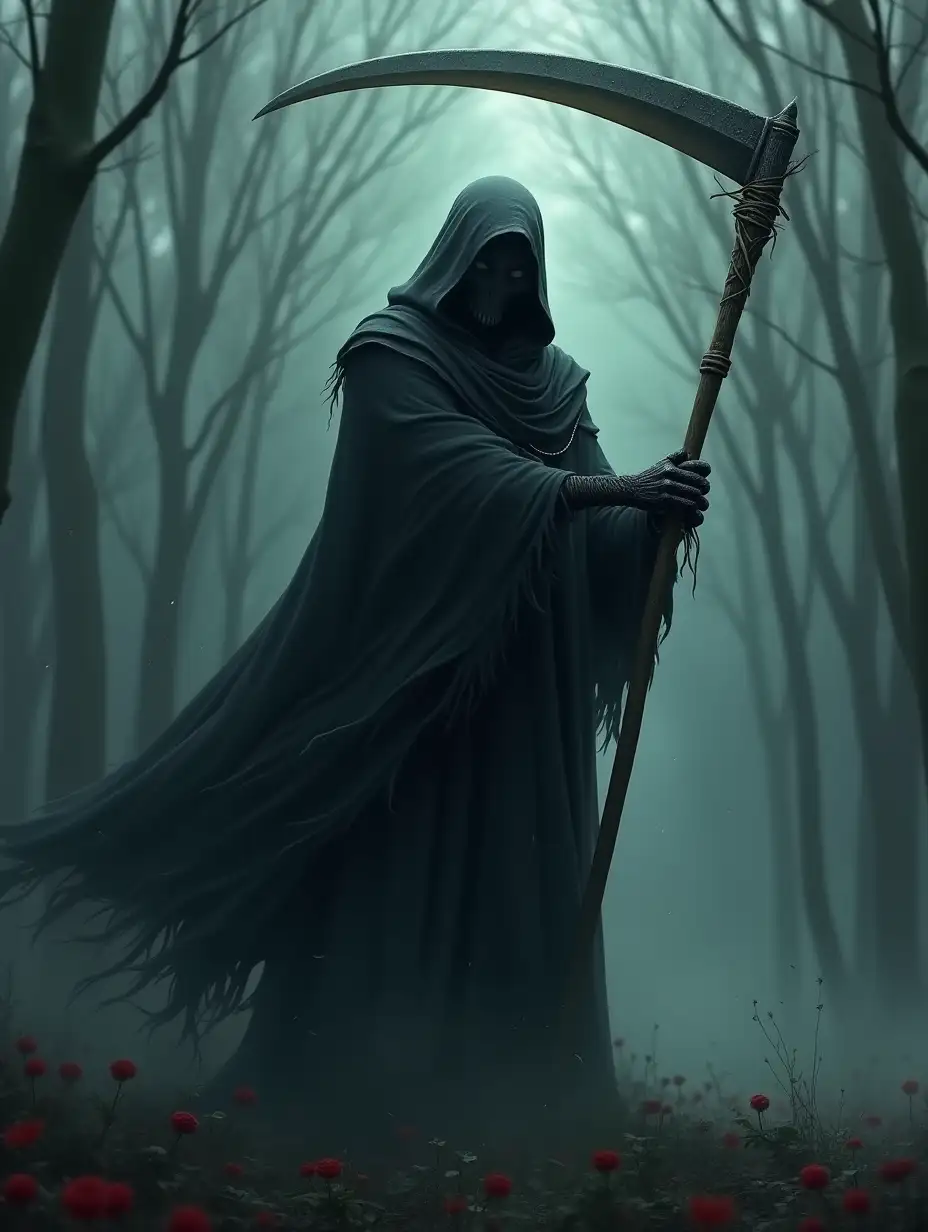 Grim Reaper, Swinging a scythe, masterpiece, in detail, 8k, digital illustration, atmospheric, gloomy background