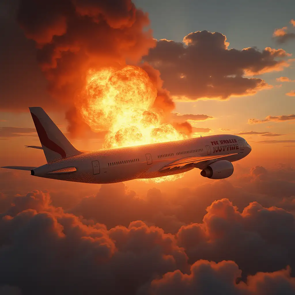 an airplane for travel that explodes in the sky and catches fire