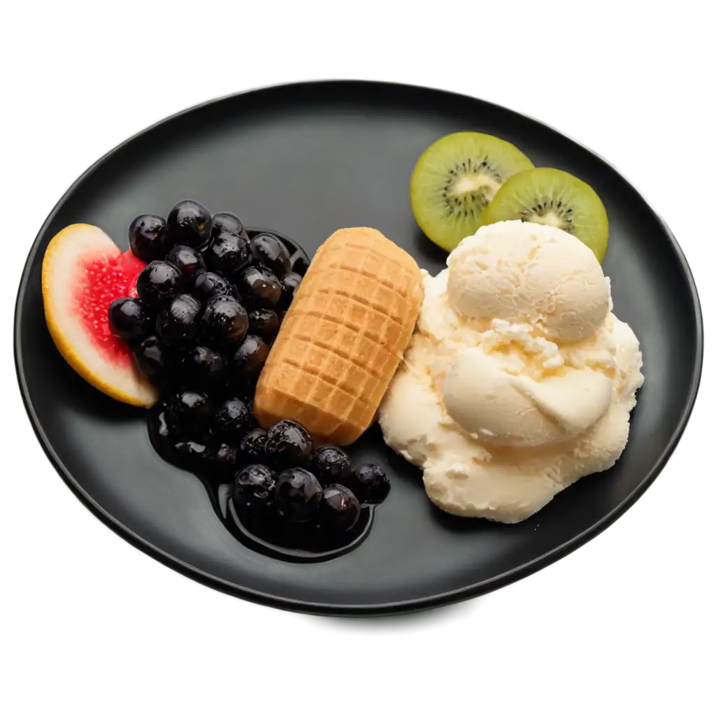 Delicious-Ice-Cream-and-Fruit-on-Black-Plate-PNG-Image-for-Culinary-and-Design-Use